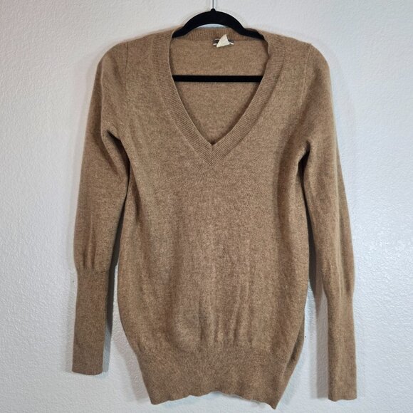 J Crew 100% Cashmere Knit Sweater Women Medium V Neck Brown Preppy Soft Neutral - Picture 1 of 7
